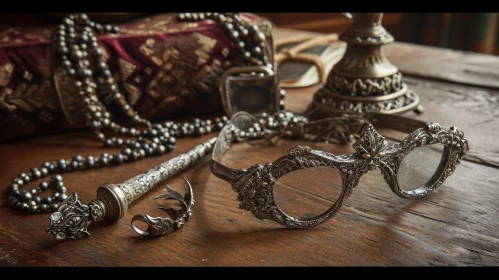 Antique Silver Glasses and Magnifying Glass on Wooden Table