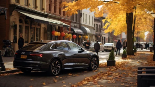 Autumn Street Scene with Trees and Luxury Car