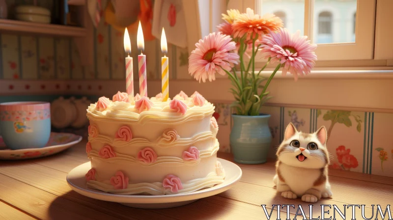 Birthday Cake with Candles and Cat on Table AI Image