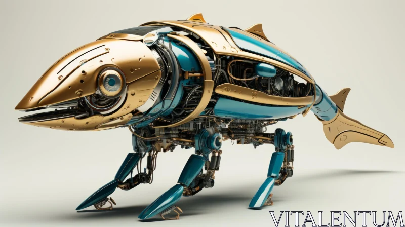 Blue and Gold Robot Fish: A Fusion of Nature and Futuristic Design AI Image
