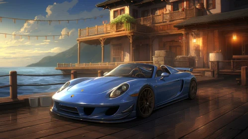 Blue Porsche 911 GT3 RS Digital Painting on Wooden Dock
