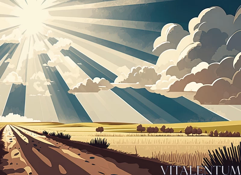 Captivating Mid-Century Illustration of a Road in a Field AI Image