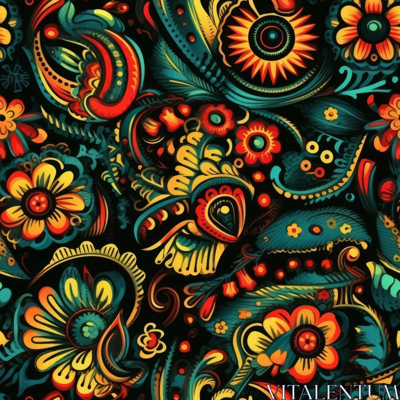 Colorful Floral Seamless Pattern - Russian Folk Art Inspired AI Image