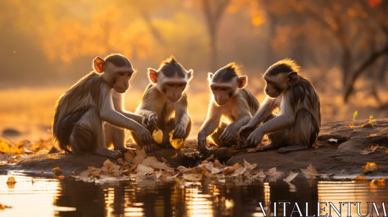 Curious Monkeys by the Water: A Natural Encounter AI Image
