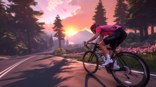Determined Cyclist Riding Through Beautiful Sunset Landscape