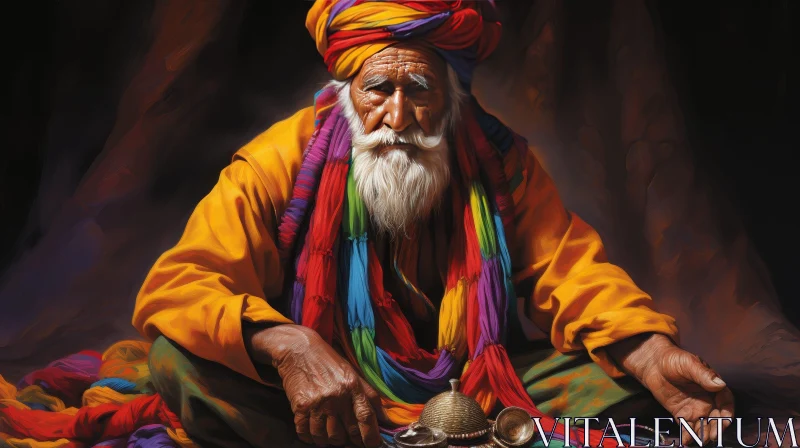 Elderly Man Portrait with Colorful Turban AI Image