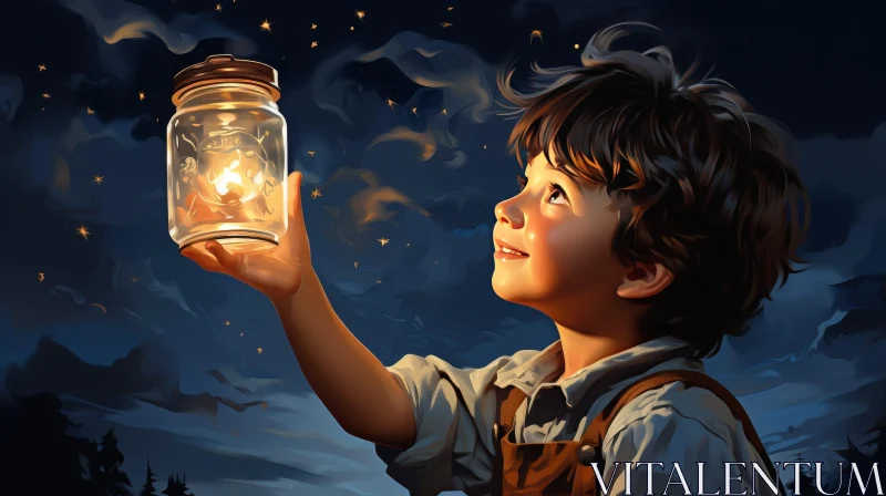 Enchanting Firefly Painting: Boy and Night Sky AI Image