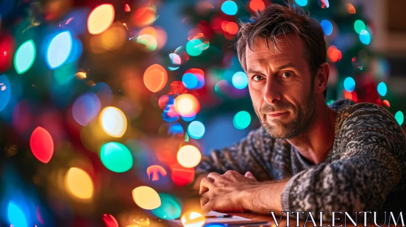 Festive Christmas Scene: A Man Reflecting in front of a Decorated Tree AI Image