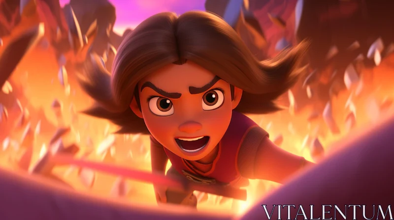 Fiery Animated Scene with Determined Young Girl AI Image