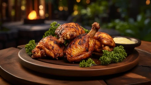 Golden Brown Grilled Chicken Legs on Wooden Plate with Fire Background