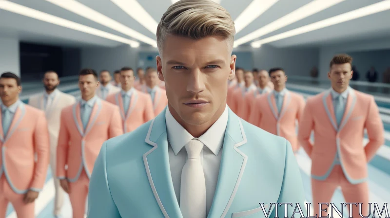 Group of Men in Pink and Blue Suits AI Image