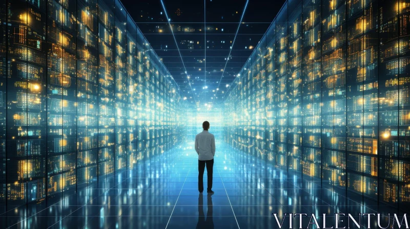 High-Tech Digital Person in Futuristic Corridor AI Image