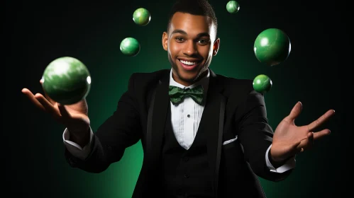 Magician Performing with Green Spheres in Bold Colorism Style