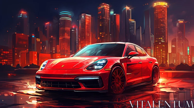 Red Porsche Panamera Turbo S in City Night Scene AI Image