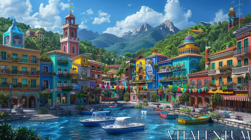 Scenic Coastal Town with Colorful Harbor and Mountain Backdrop AI Image