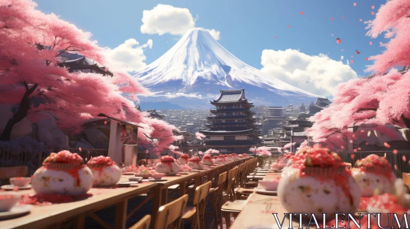 Serene Japanese Town with Cherry Blossoms and Snowy Mountain AI Image
