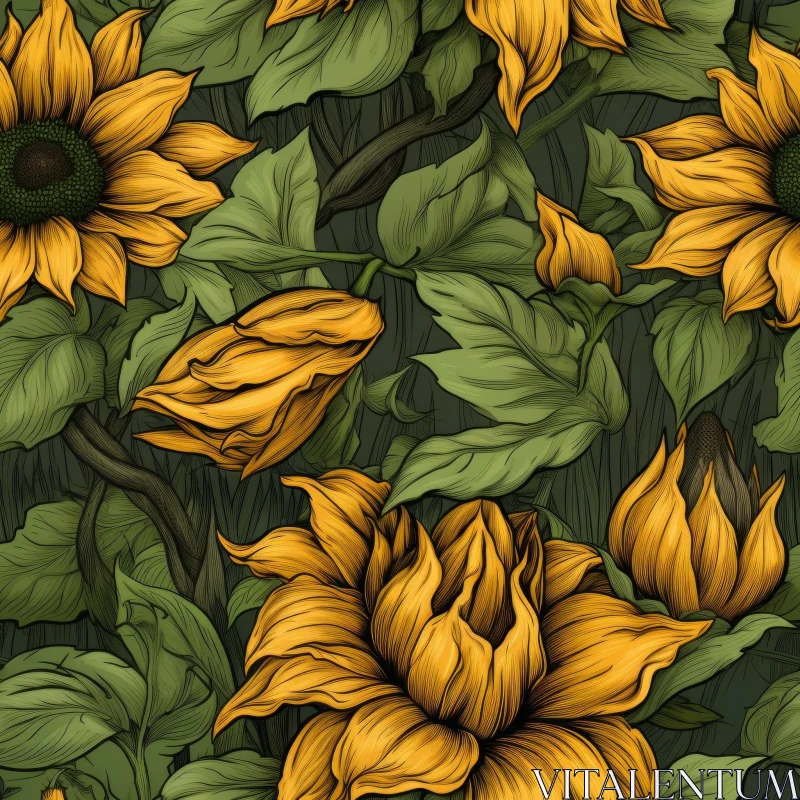 Sunflowers and Leaves Seamless Pattern for Home Decor AI Image