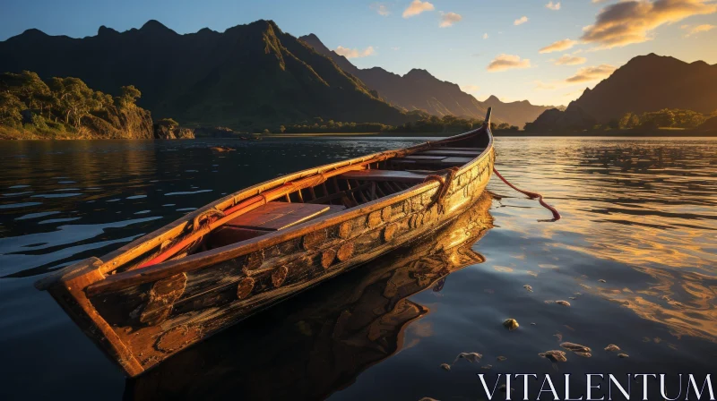 Tranquil Nature Scene: Old Wooden Boat on Calm Lake AI Image