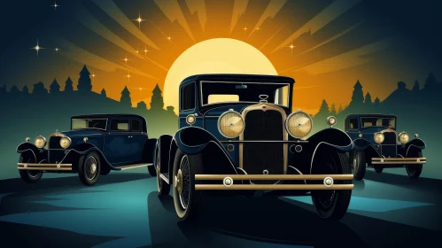 Vintage Cars Sunset Illustration