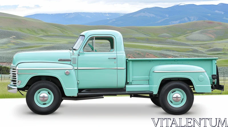 Vintage Green Pickup Truck on Field with Mountains AI Image