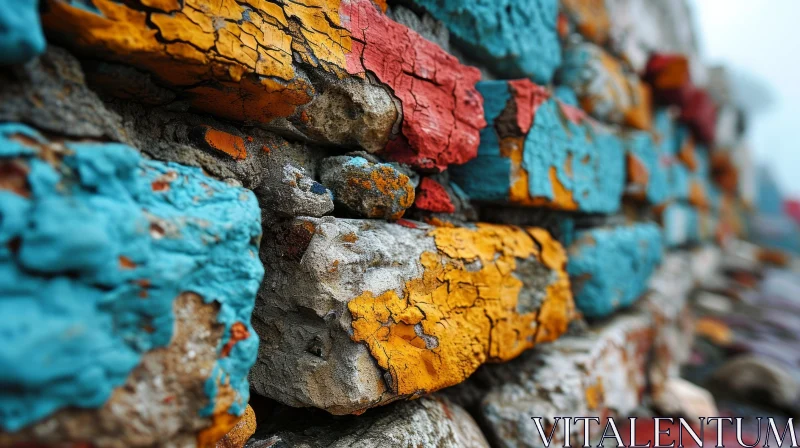 Abstract Close-Up: Peeling Paint on Stone Wall AI Image