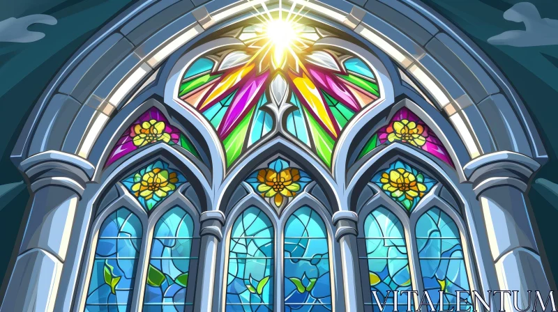 Captivating Cartoon Stained Glass Window with Sunburst and Flower Designs AI Image