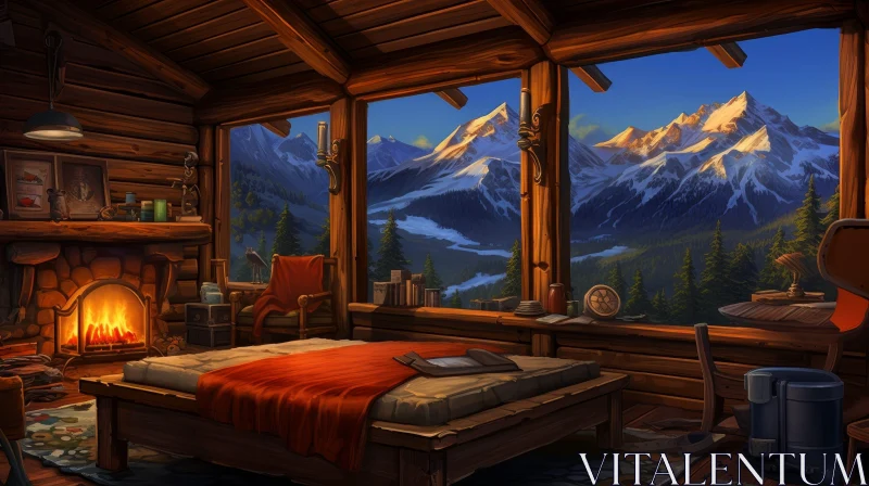 Cozy Wooden Cabin in Snowy Mountains - Serene Landscape View AI Image