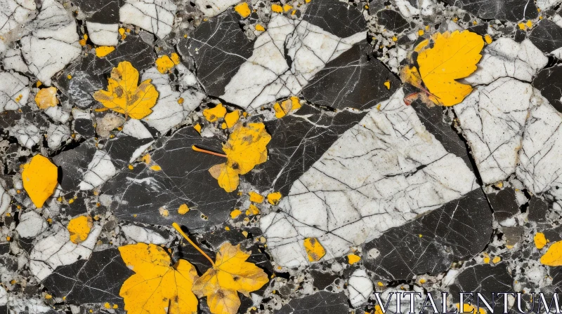 Cracked Marble Floor with Yellow Autumn Leaves AI Image