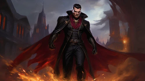 Dark Fantasy Digital Painting of a Mysterious Man in Black Suit and Red Cape