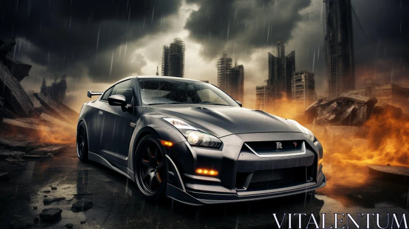 AI ART Dark Post-Apocalyptic Scene with Black Nissan GT-R Sports Car