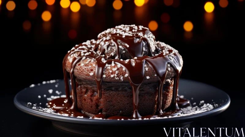 Decadent Chocolate Cake on Black Plate AI Image