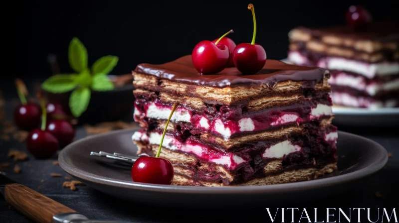 AI ART Decadent Chocolate Cake with Cherries - Tempting Dessert Delight