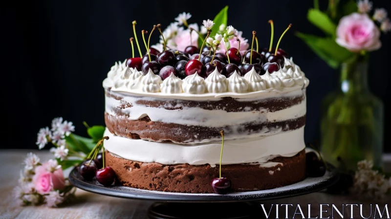 Delicious Two-Tiered Chocolate Cake with Cherry and Cream Topping AI Image