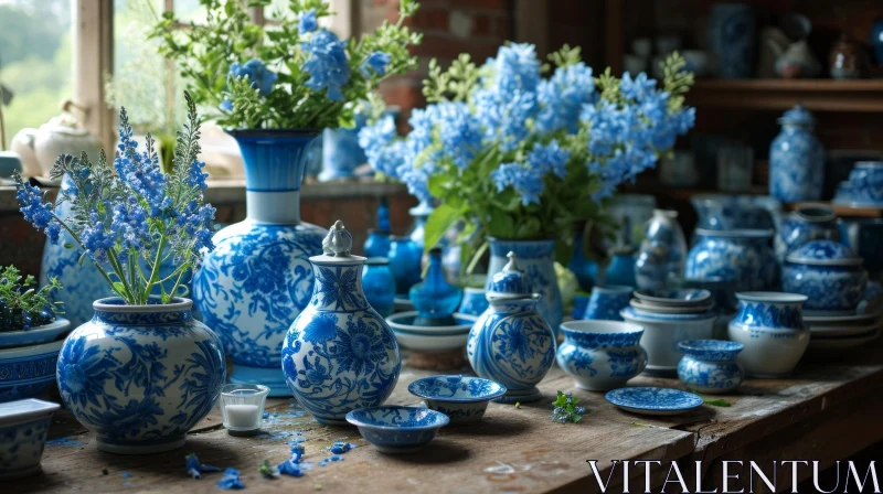 Elegant Blue and White Porcelain Collection on a Wooden Table AI Image