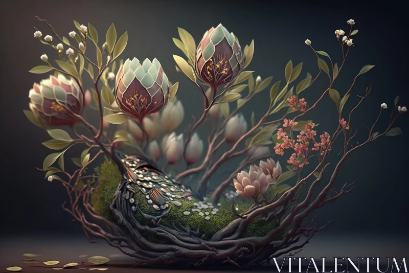 AI ART Enchanting Bird Nest with Flowers and Moss | Organic 3D Illustration