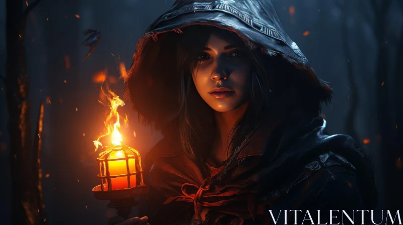 Enigmatic Woman with Lantern in Dark Forest AI Image