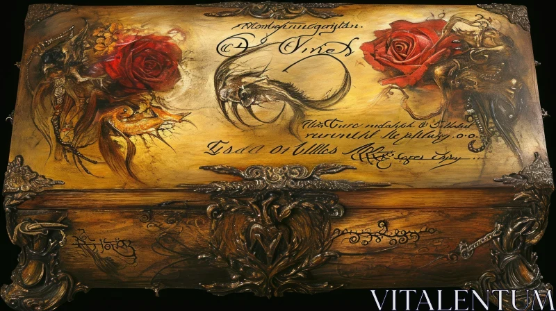 Enigmatic Wooden Box with Skull, Rose, and Snake Painting AI Image