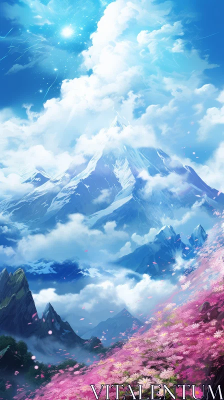 Ethereal Anime Landscape with Mountain Tops and Flowers AI Image