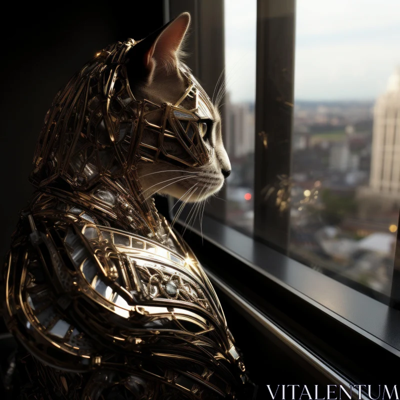 Golden Robotic Cat Gazing at Cityscape: A Technological Art Masterpiece AI Image
