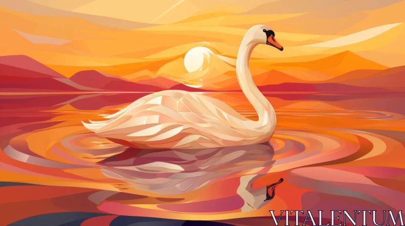 AI ART Graceful Swan in Lake at Sunset