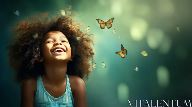 AI ART Joyful African-American Girl with Butterflies