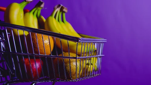 Metal Shopping Basket with Fruits on Purple Background