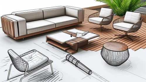 Modern Living Room 3D Rendering with Sofa, Chairs, and Coffee Table