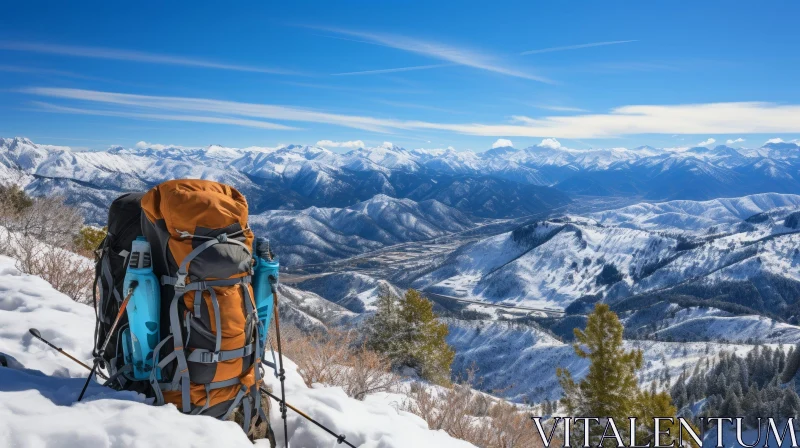 Mountain Valley View with Snow, Backpack, and Ski Poles AI Image