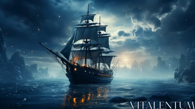Pirate Ship Sailing on Rough Sea AI Image