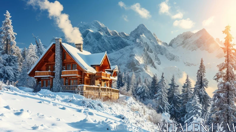 Snowy Mountain Cabin Serenity AI Image