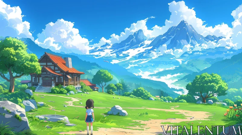 Tranquil Mountain Valley Landscape with Girl AI Image