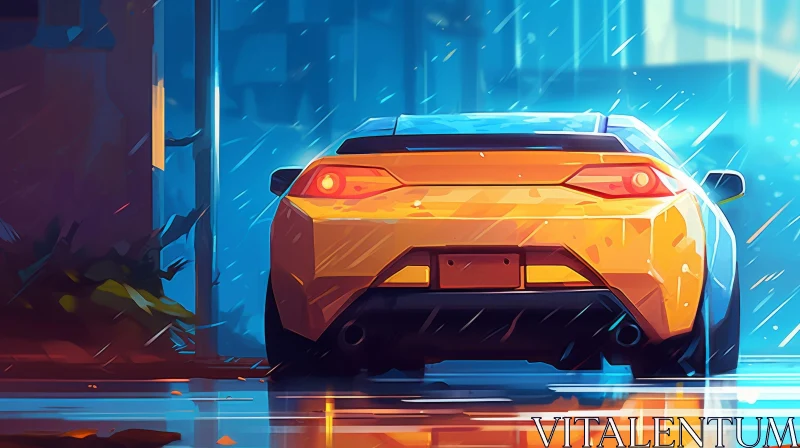 Yellow Sports Car Driving on Wet Road - Realistic Image AI Image