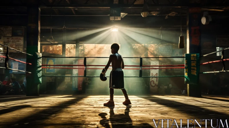 Young Boy in Boxing Ring - Powerful Portrait AI Image