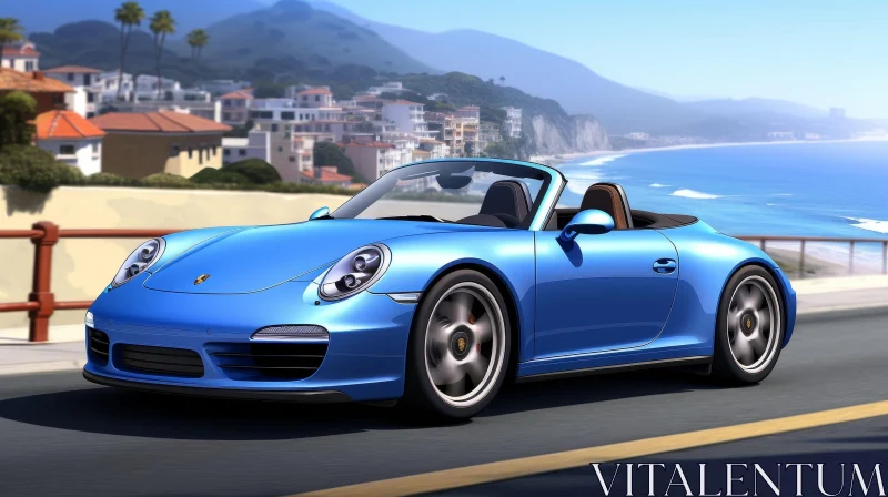 Blue Porsche 911 Carrera S Cabriolet Driving on Coastal Road AI Image